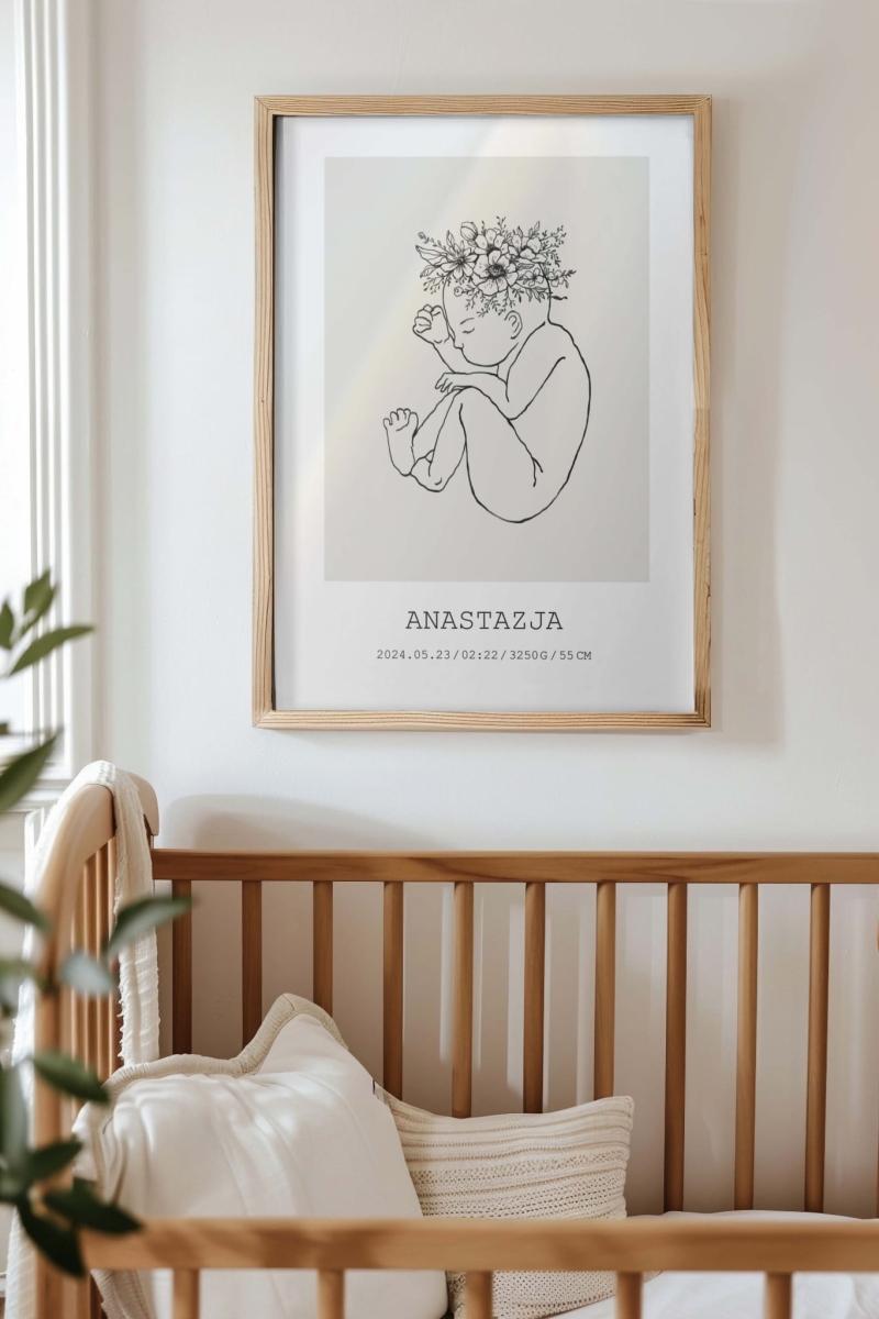 Metryczka Line Art Nr 4 – szkic niemowlęcia w ramie – Mała Pracownia