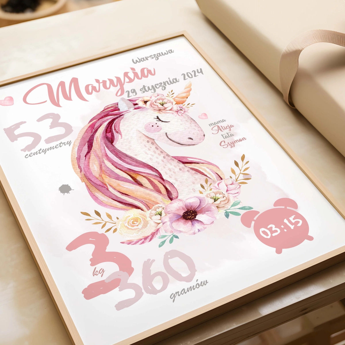 Pastelowa metryczka, plakat Jednorożec, Unicorn.jpg
