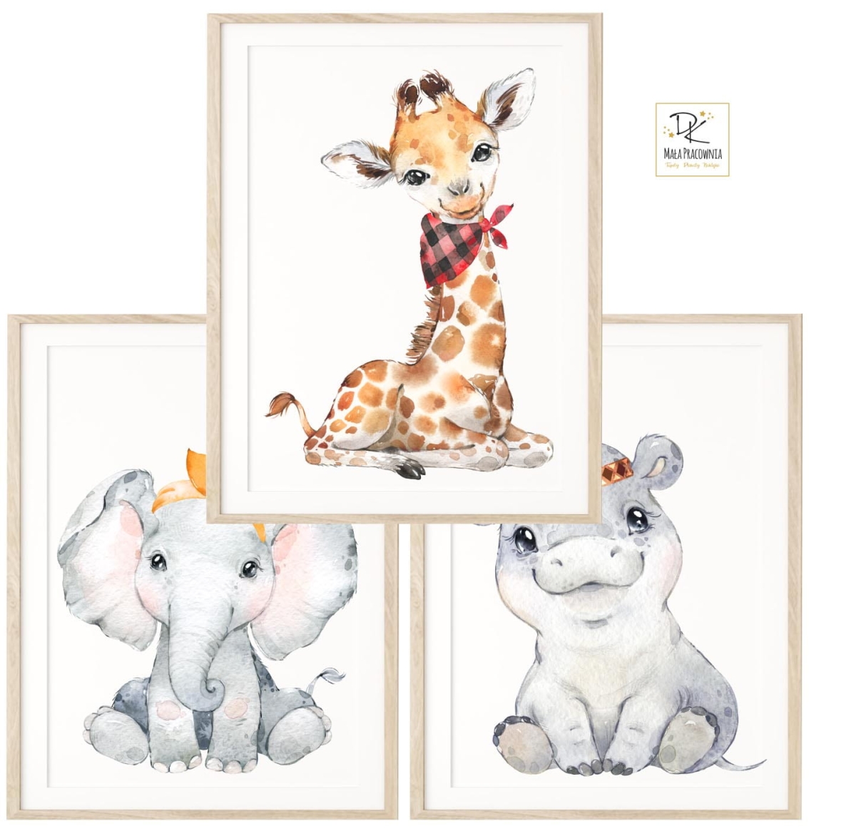 Zestaw 3 plakaty Sawanna Hipcio, Słonik, Żyrafa Nr.1.jpg