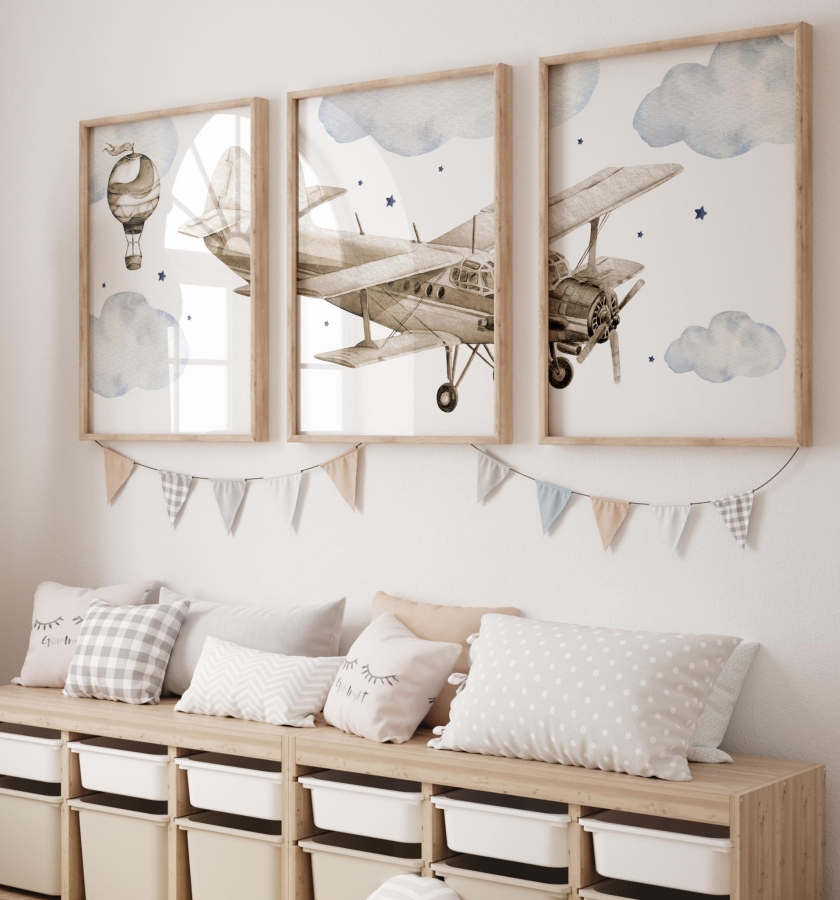 Tryptyk z samolotami i balonami retro – zestaw plakatów
