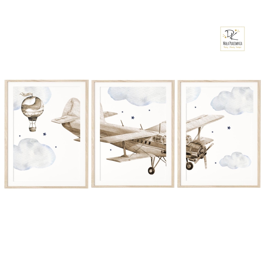 Plakaty vintage z samolotem i balonem do pokoju dziecka
