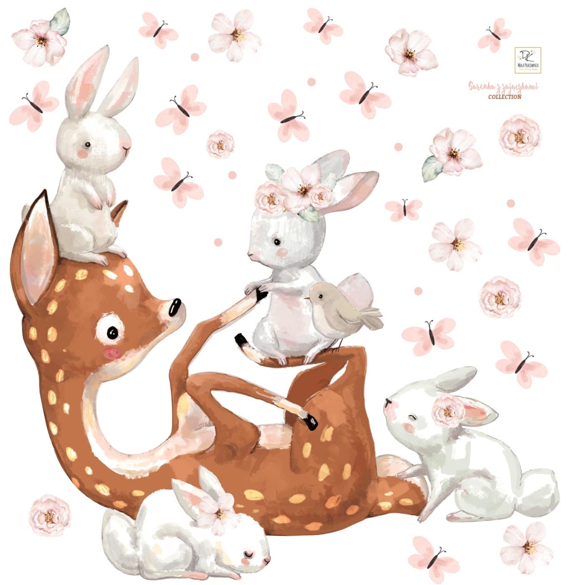 Naklejka ścienna Sarenka z króliczkami, kwiaty i motylki – pokój dziecięcy Mała Pracownia
