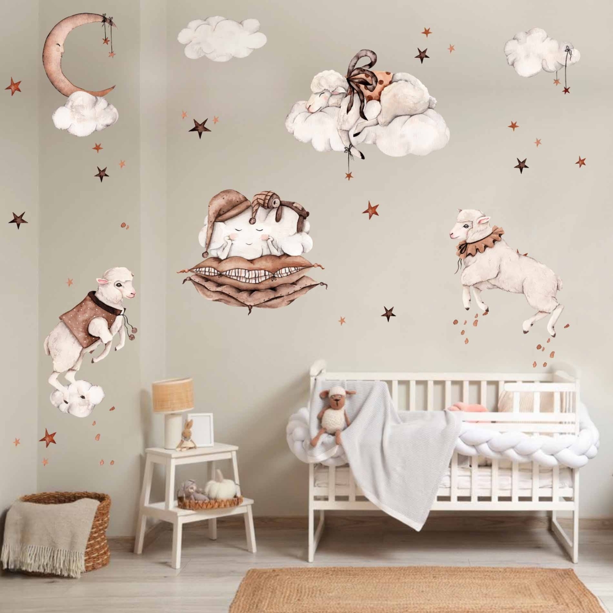 Owieczki, księżyc i chmurki Naklejka.jpg