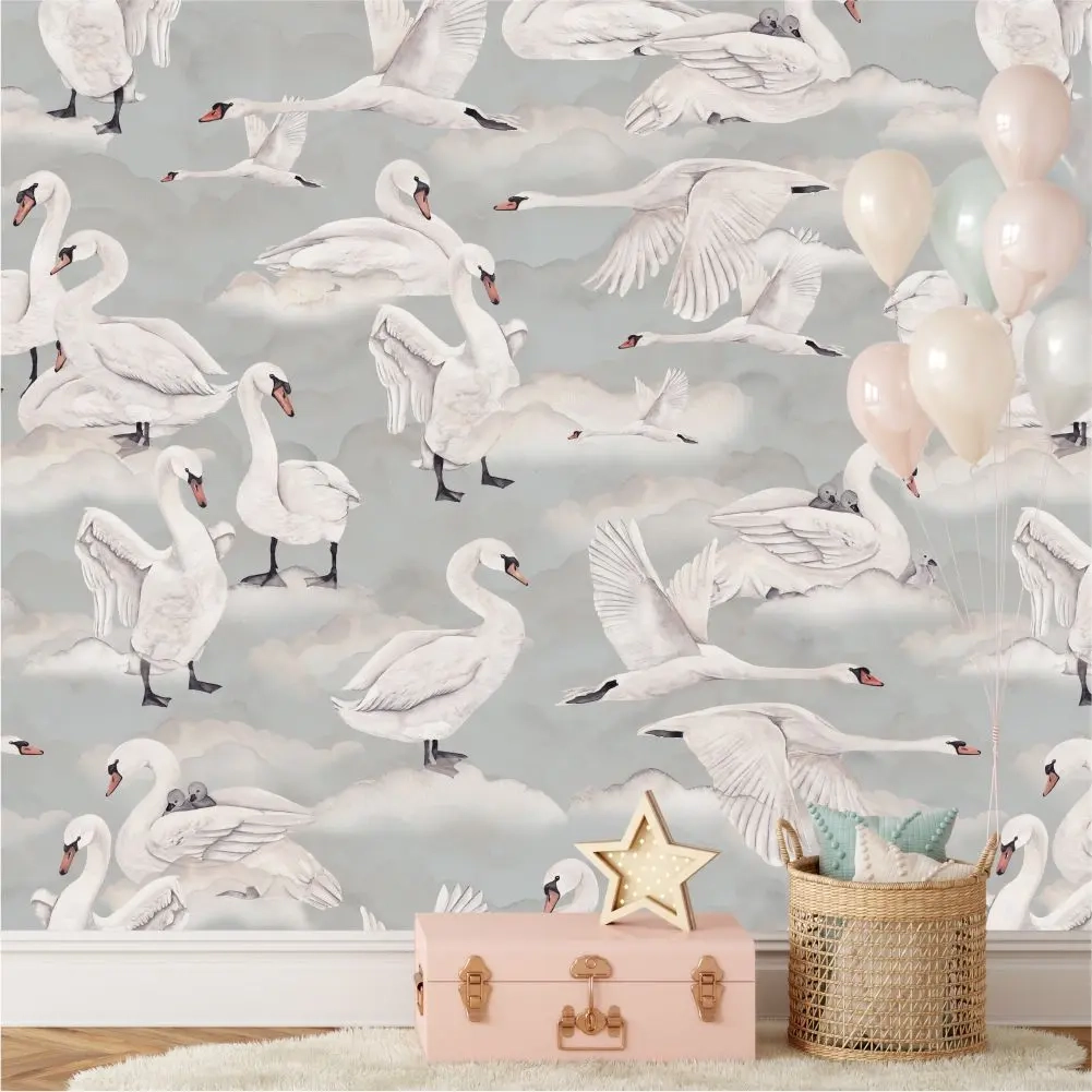 tapeta-na-ścianę-z-łabędziami-na-szarej-zieleni.webp