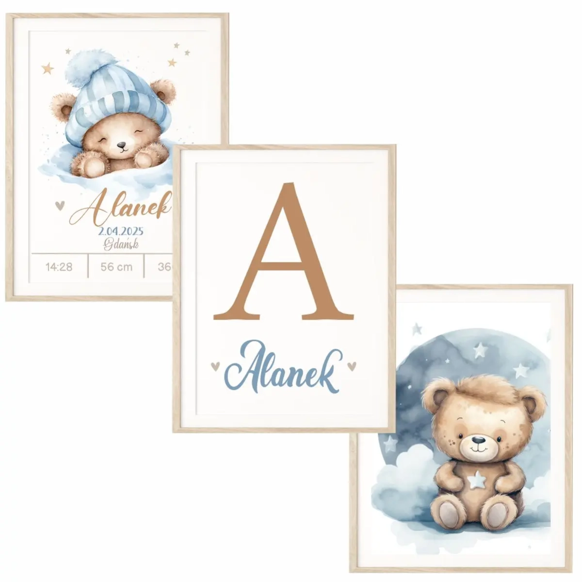 Zestaw 3 plakaty pastelowe misie niebieskie w aranżacji pokoju dziecka