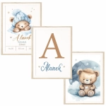 Zestaw 3 plakaty pastelowe misie niebieskie w aranżacji pokoju dziecka