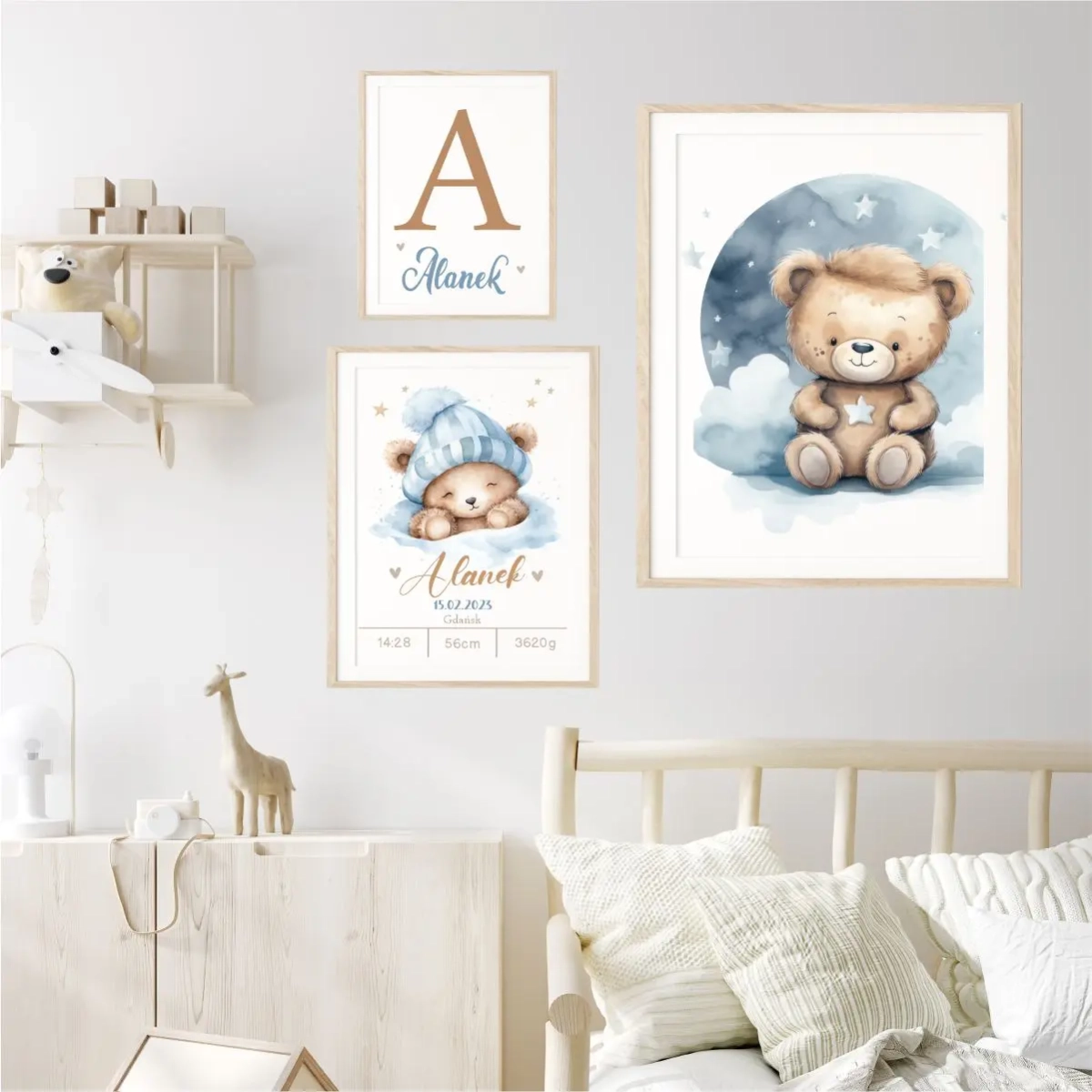 Zestaw 3 plakaty pastelowe misie niebieskie – komplet ścienny