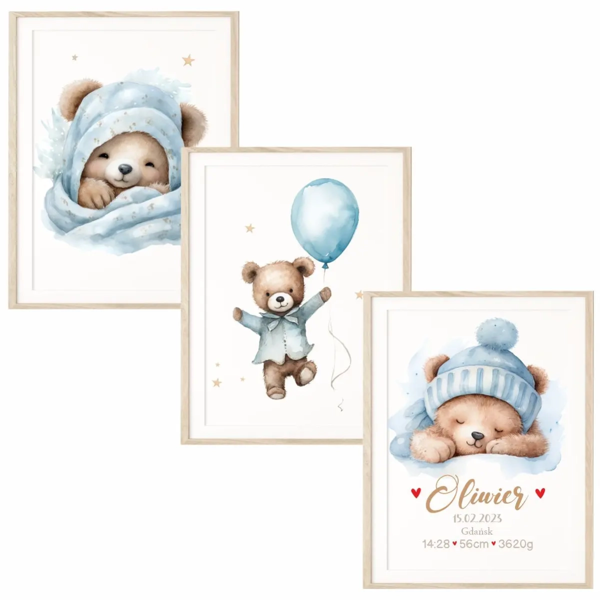 Zestaw plakatów dla dzieci – pastelowe misie niebieskie | Mała Pracownia