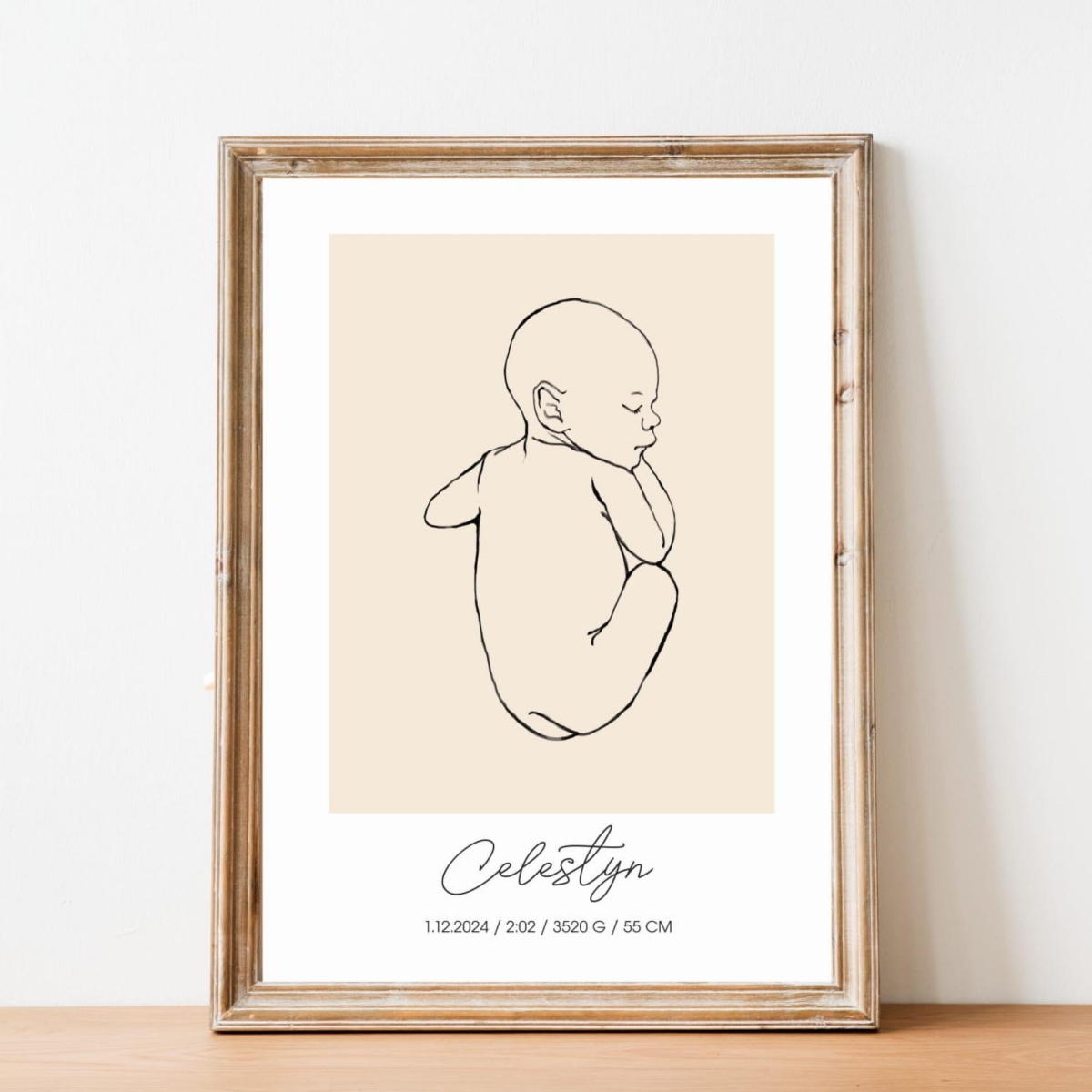plakat personalizowany z niemowlęciem szkic nr 9 w ramie – Mała Pracownia