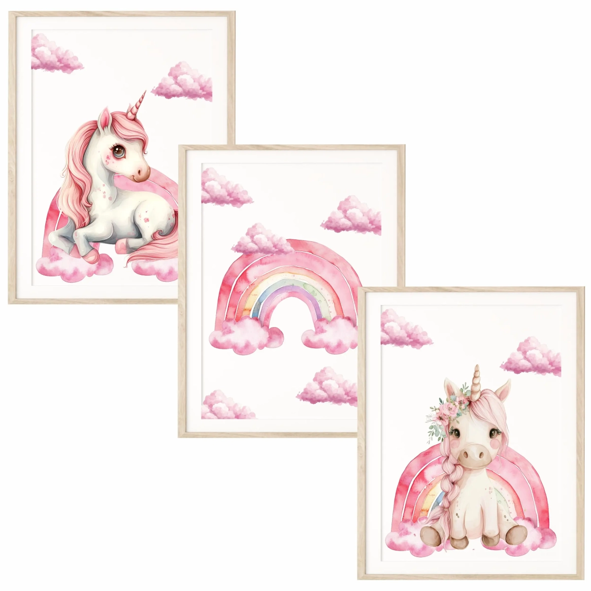 Zestaw 3 plakatów – różowy jednorożec, tęcza i chmurki