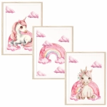 Zestaw 3 plakatów – różowy jednorożec, tęcza i chmurki