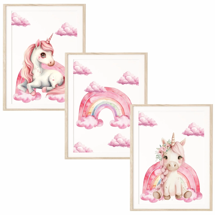 Zestaw 3 plakatów – różowy jednorożec, tęcza i chmurki
