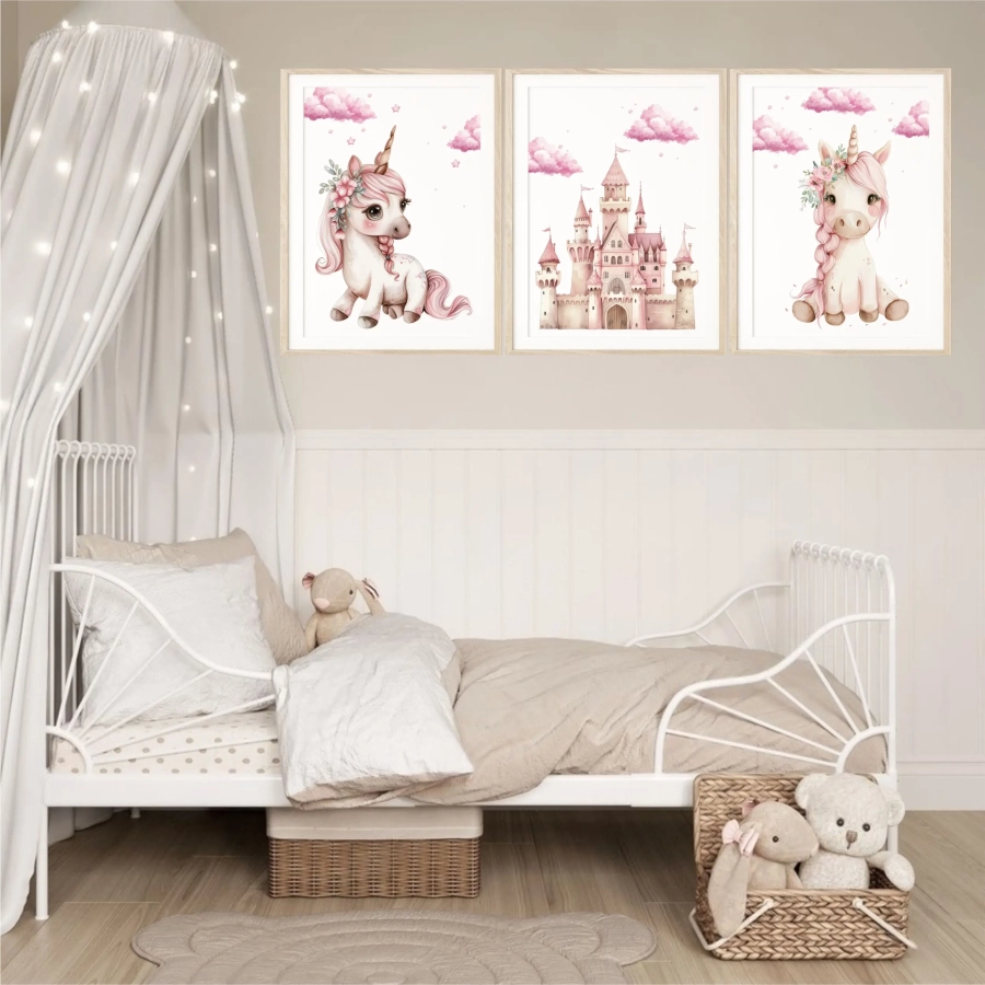 Tryptyk z jednorożcem i tęczą – plakaty do pokoju dziewczynki