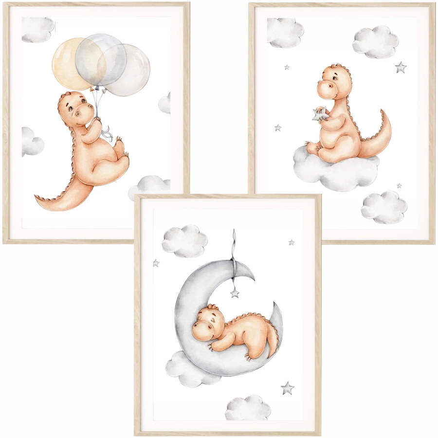 dinozaury na chmurkach plakat do pokoju dziecka