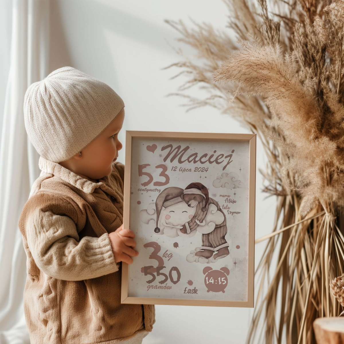 Plakat metryczka Miś z Chmurką do pokoju dziecka – Mała Pracownia