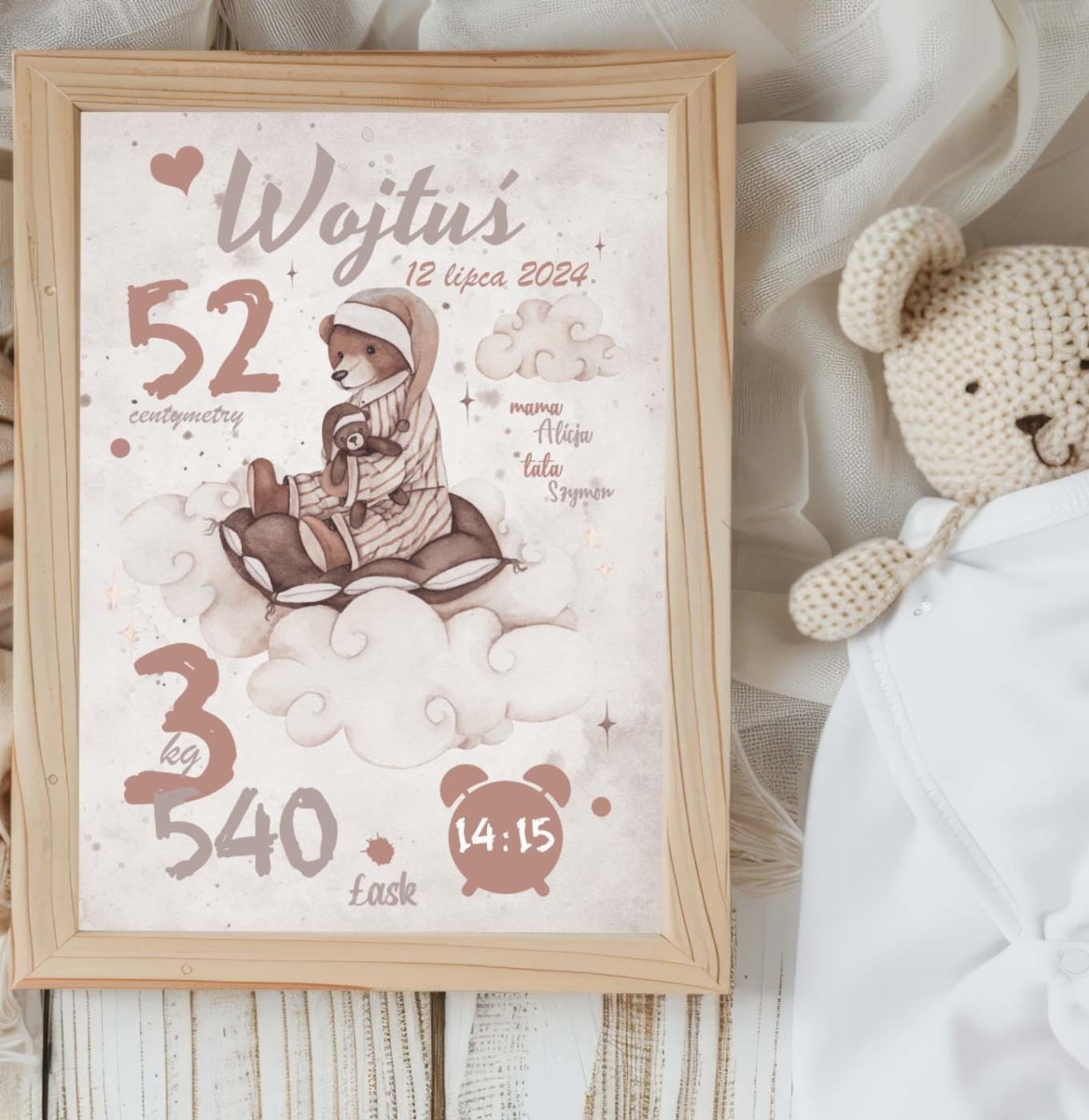 Metryczka dla dziecka Miś na Chmurce – dekoracja ścienna