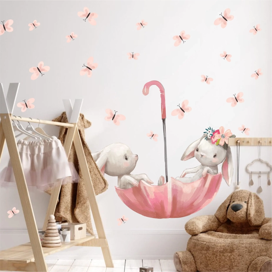 Króliczki w różowej parasolce – pastelowa naklejka do pokoju dziecka