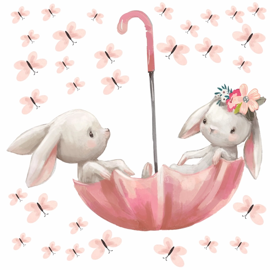 Naklejka króliczki i motylki – ozdoba ściany do pokoju dziewczynki