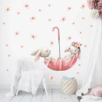 Naklejka na ścianę z króliczkami w parasolu i różowymi motylkami