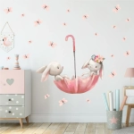 Króliczki w różowej parasolce – pastelowa naklejka na ścianę