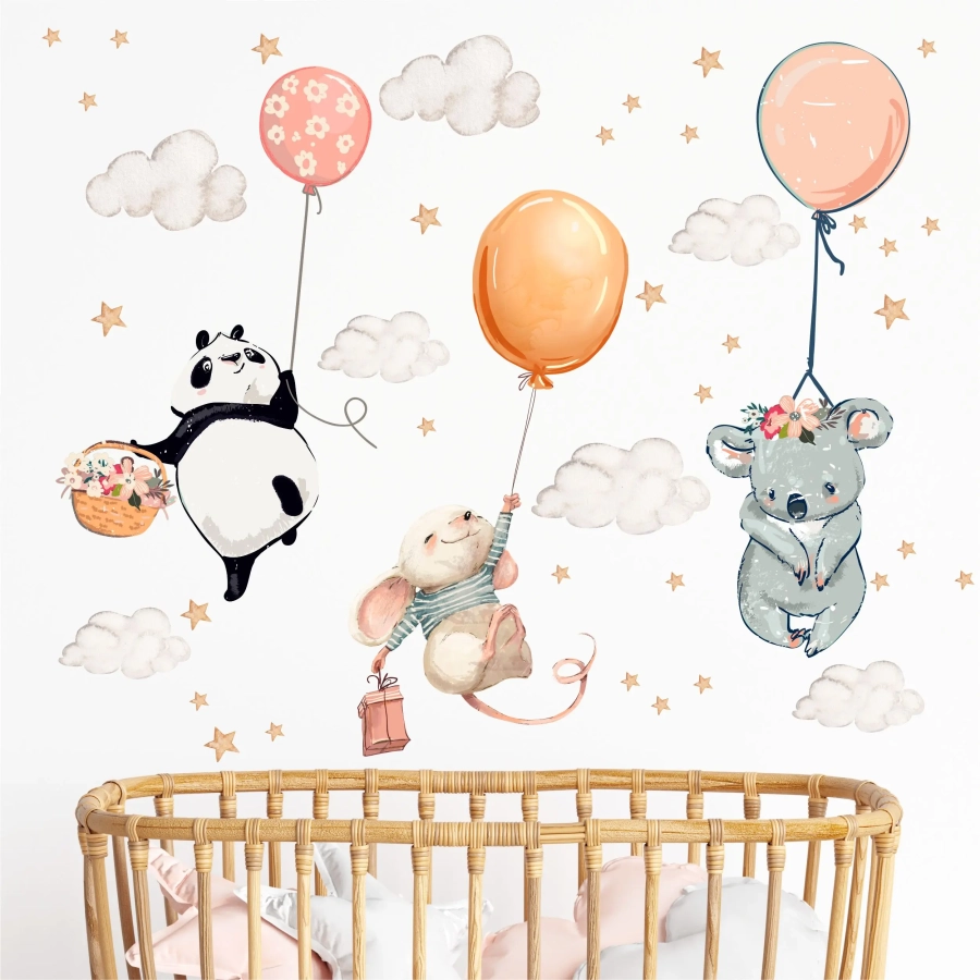 naklejka panda myszka koala z balonami