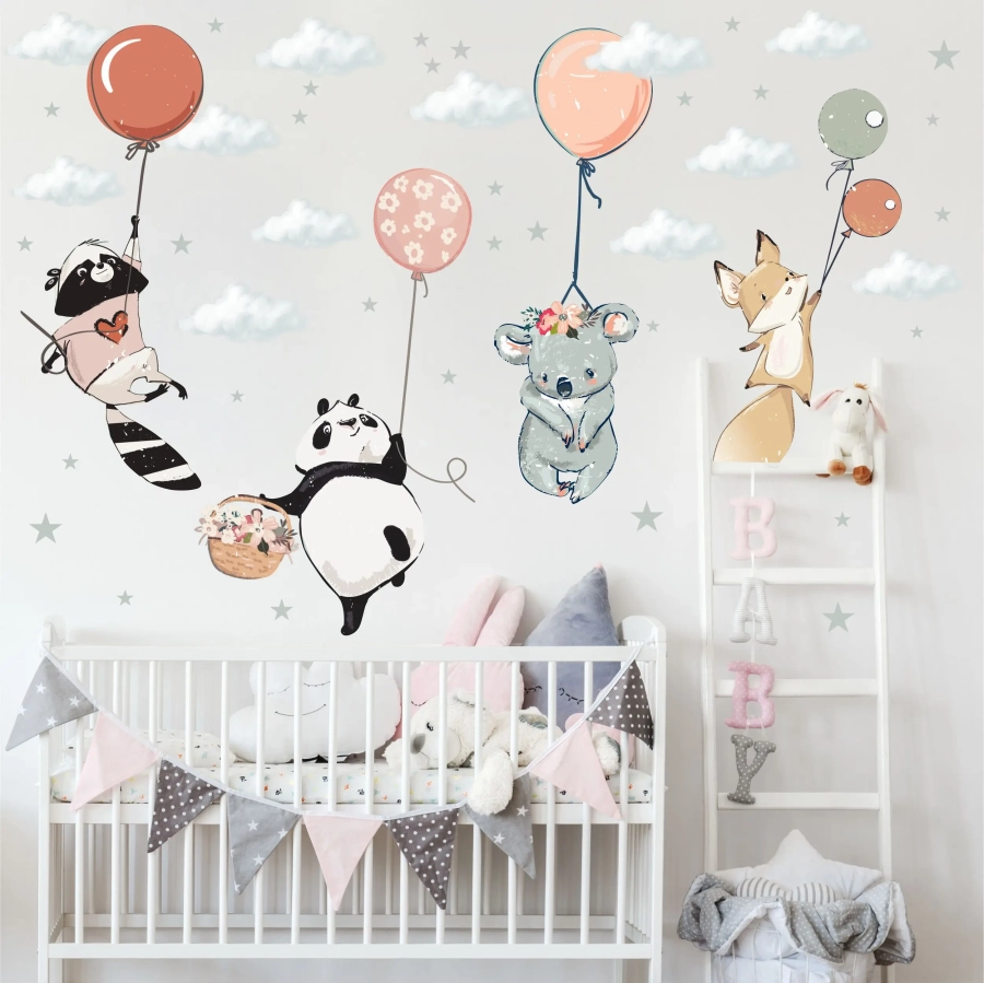 naklejka panda koala szop i lisek z balonami