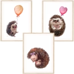 Tryptyk Jeżyki z balonikami – zestaw 3 plakatów dla dzieci, pastelowa dekoracja ścienna | Mała Pracownia