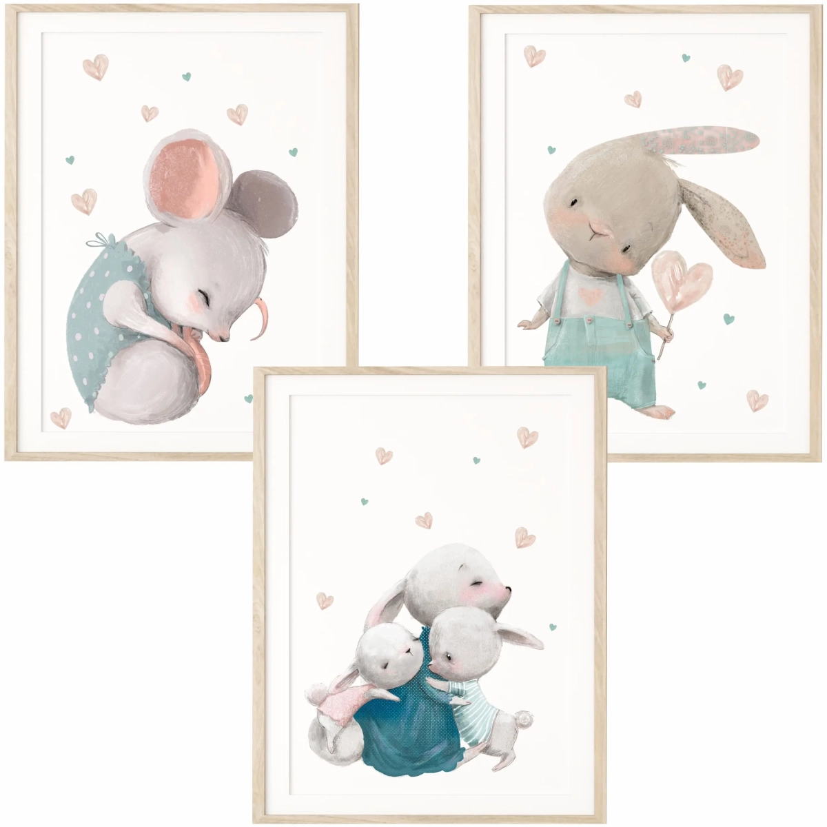 zestaw 3 plakatów z króliczkami i myszką