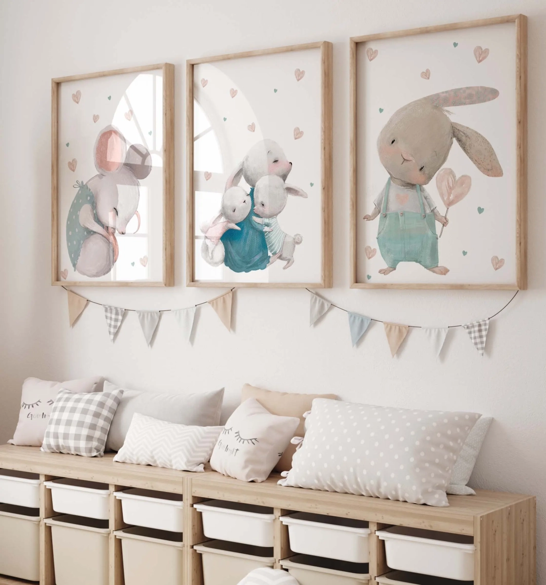 obrazki pastelowe króliczki z myszką - do pokoju dziewczynki