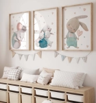 obrazki pastelowe króliczki z myszką - do pokoju dziewczynki