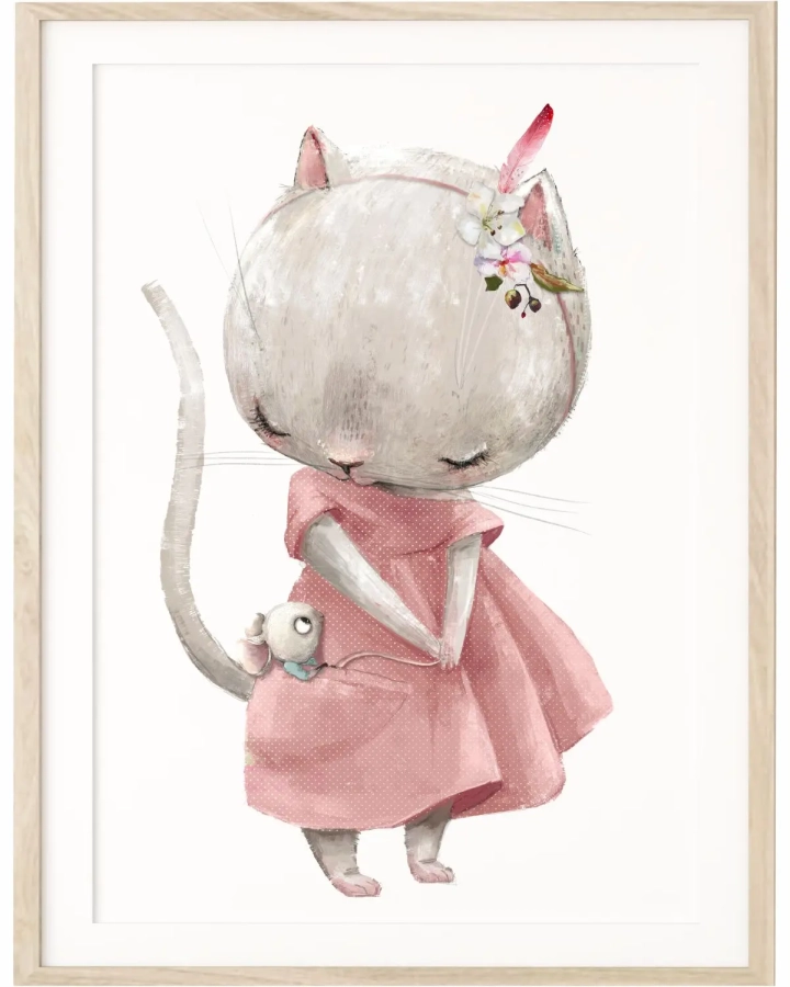 plakat kotek z myszką do pokoju dziewczynki Mała Pracownia