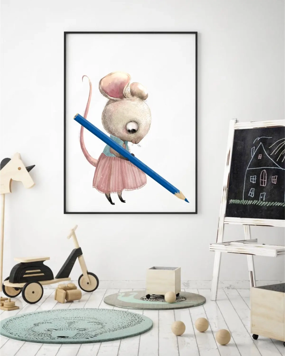 plakat dla dzieci z myszką i ołówkiem – Mała Pracownia