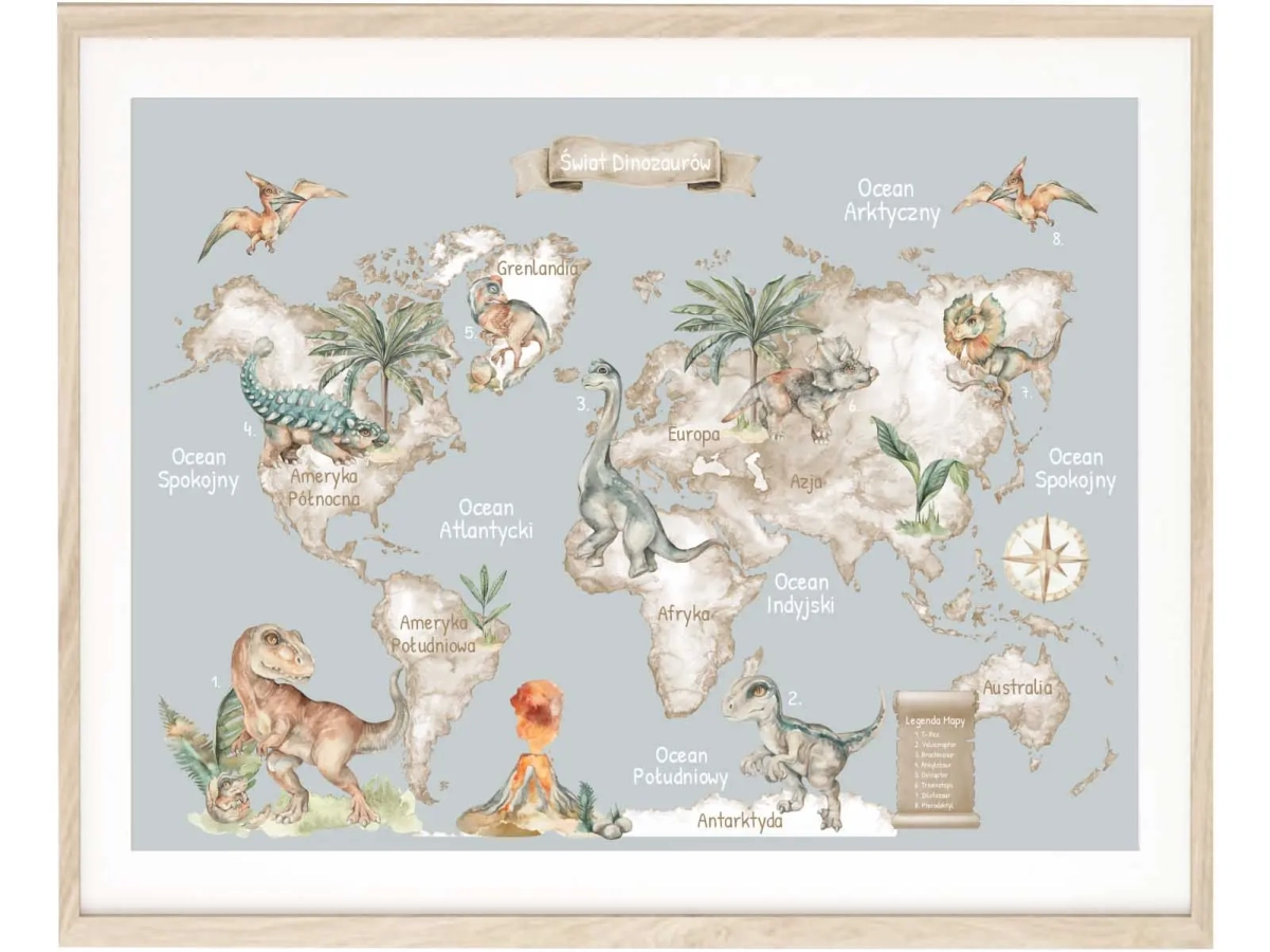niebieska mapa edukacyjna z dinozaurami do pokoju przedszkolaka