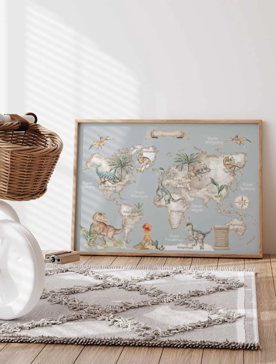 mapa z dinozaurami w chłopięcej kolorystyce do nauki i zabawy