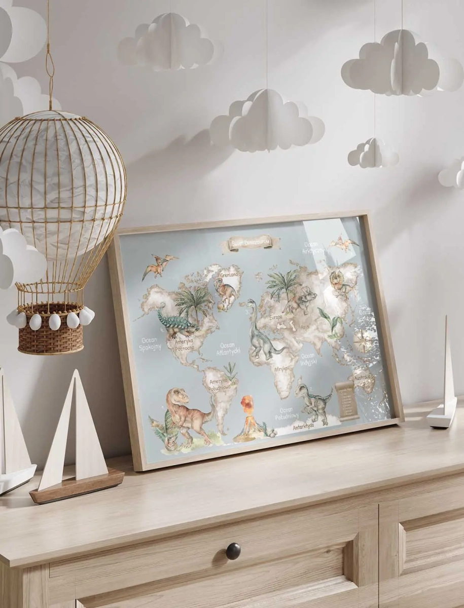 dekoracja ścienna z prehistorycznymi zwierzętami w stylu montessori
