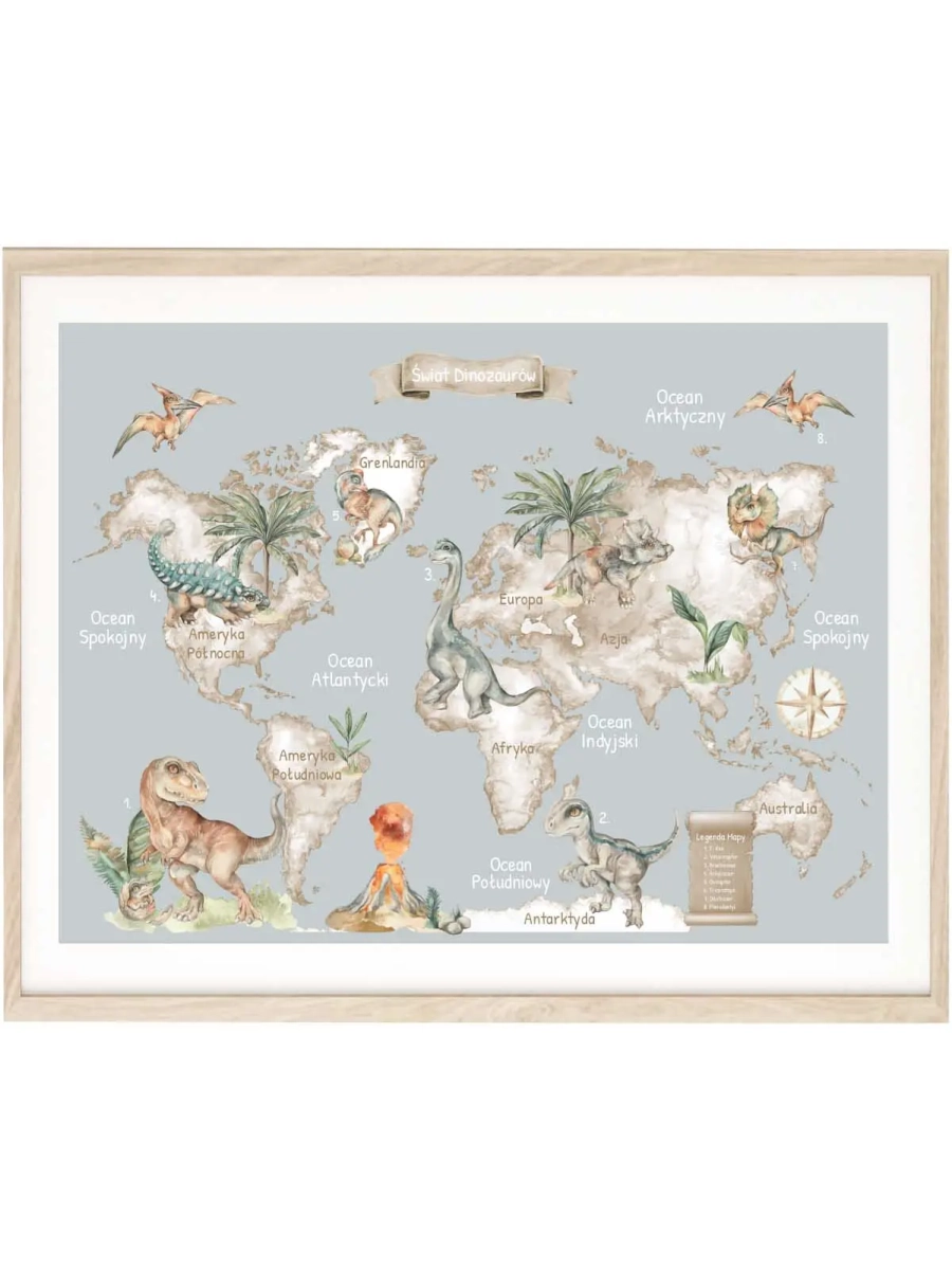 edukacyjny plakat montessori z dinozaurami na niebieskim tle