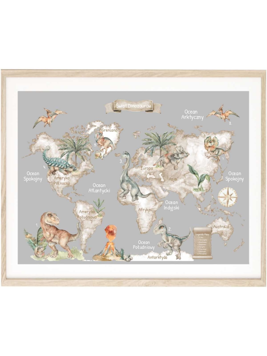 plakat montessori z dinozaurami na szarym tle