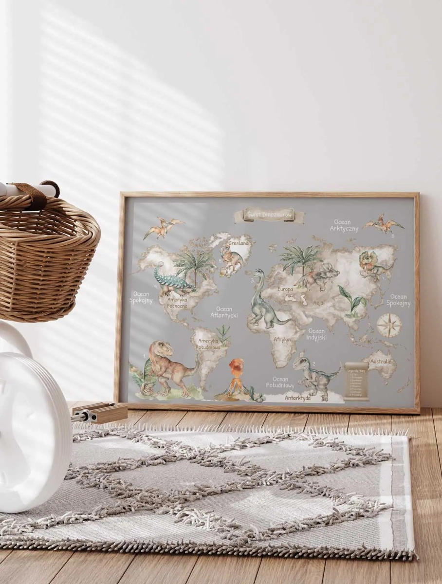 ilustracyjna mapa kontynentów z prehistorycznymi zwierzętami