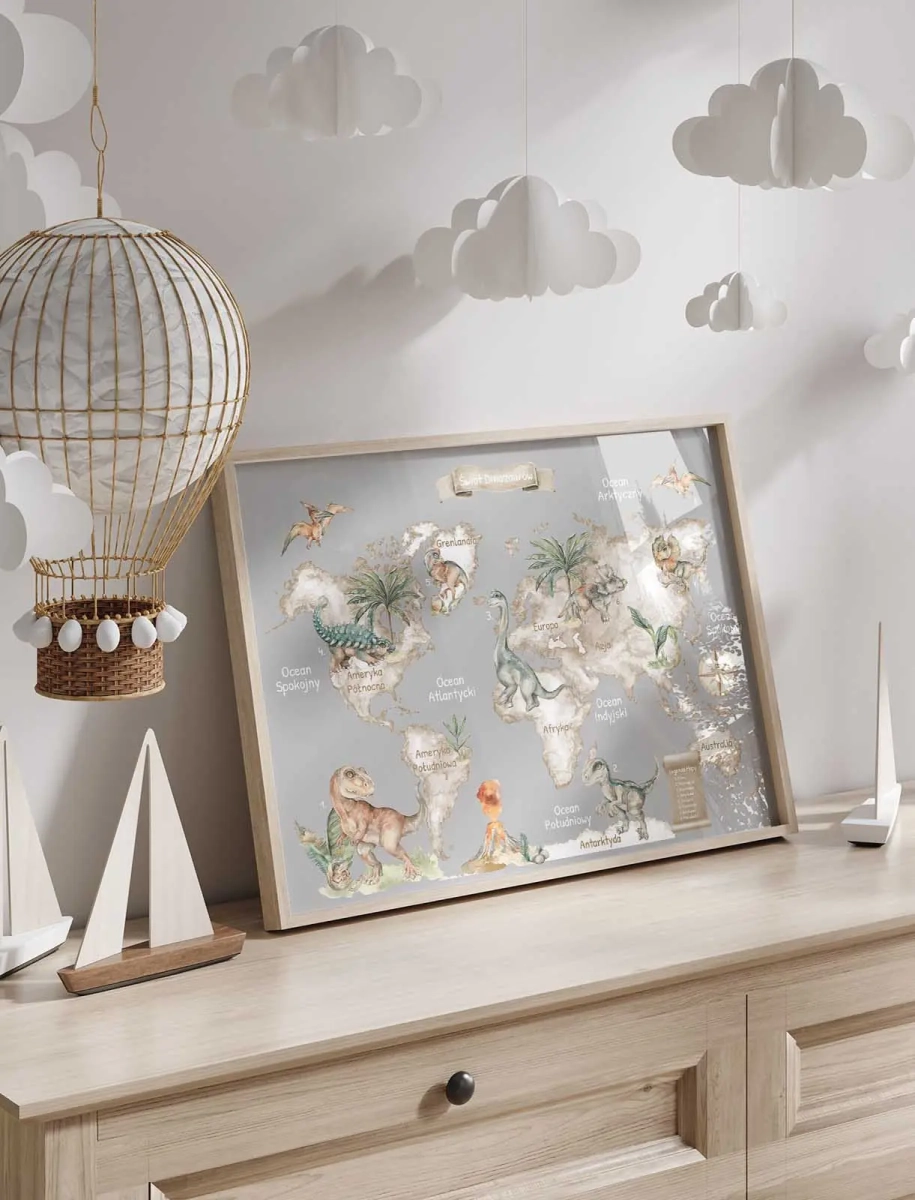 mapa z dinozaurami w odcieniach szarości do nauki i zabawy