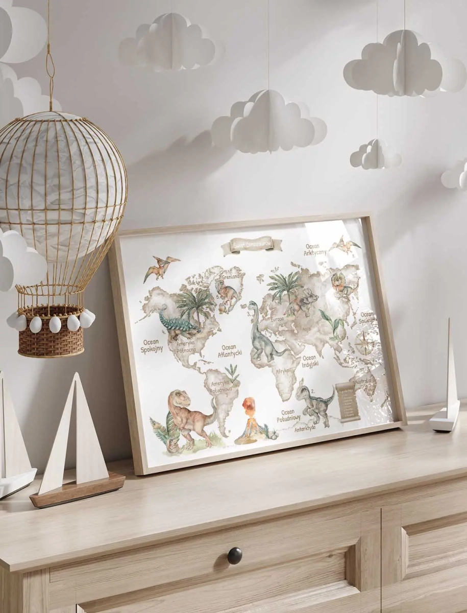 biała mapa świata z dinozaurami do pokoju dziecka