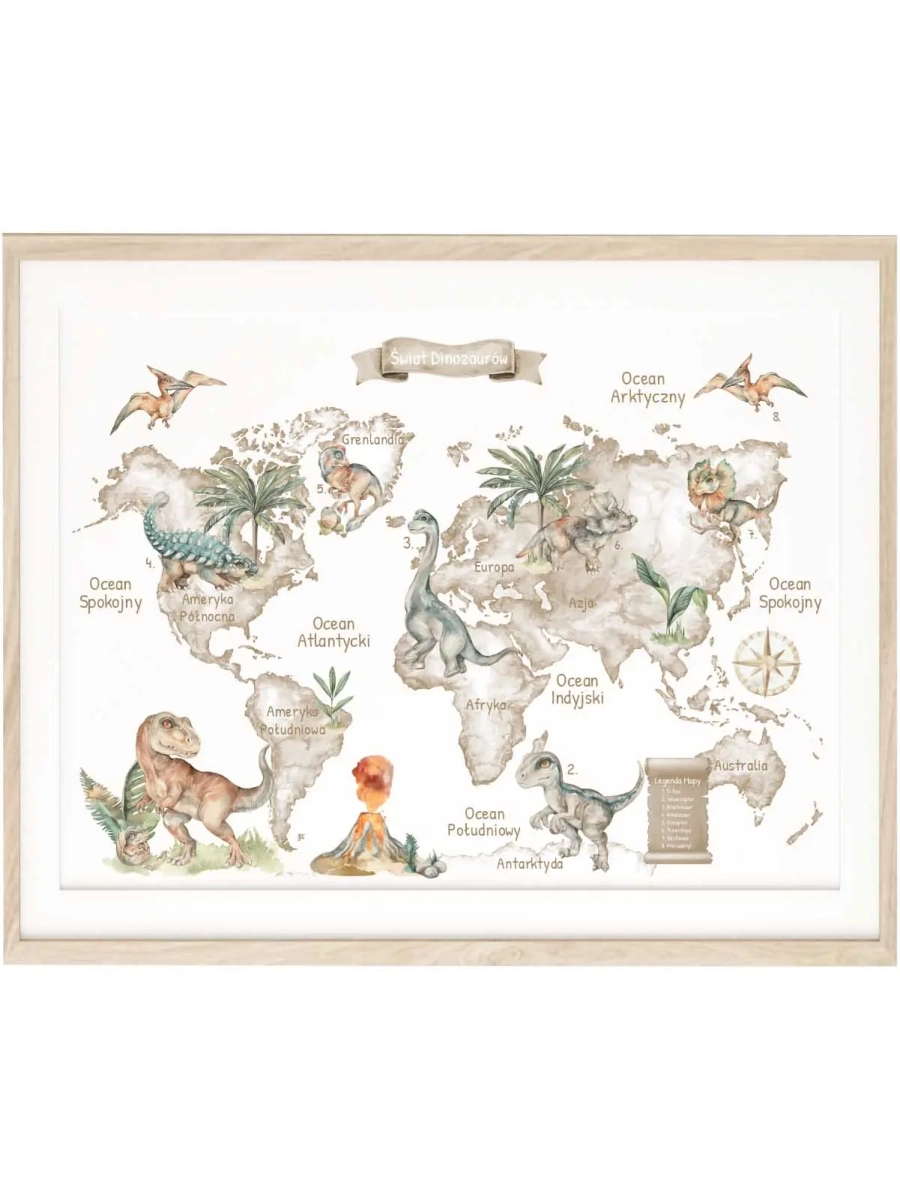 edukacyjny plakat montessori z dinozaurami na białym tle