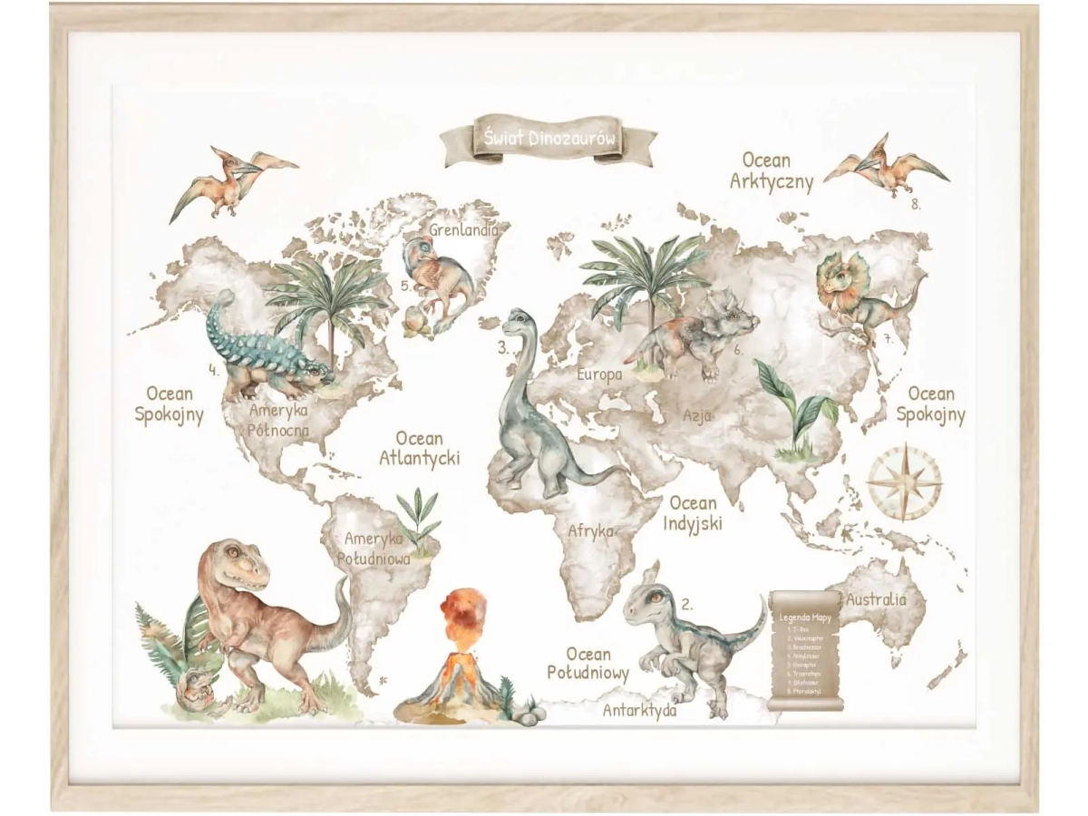 ilustracyjna mapa dinozaurów do pokoju dziewczynki i chłopca