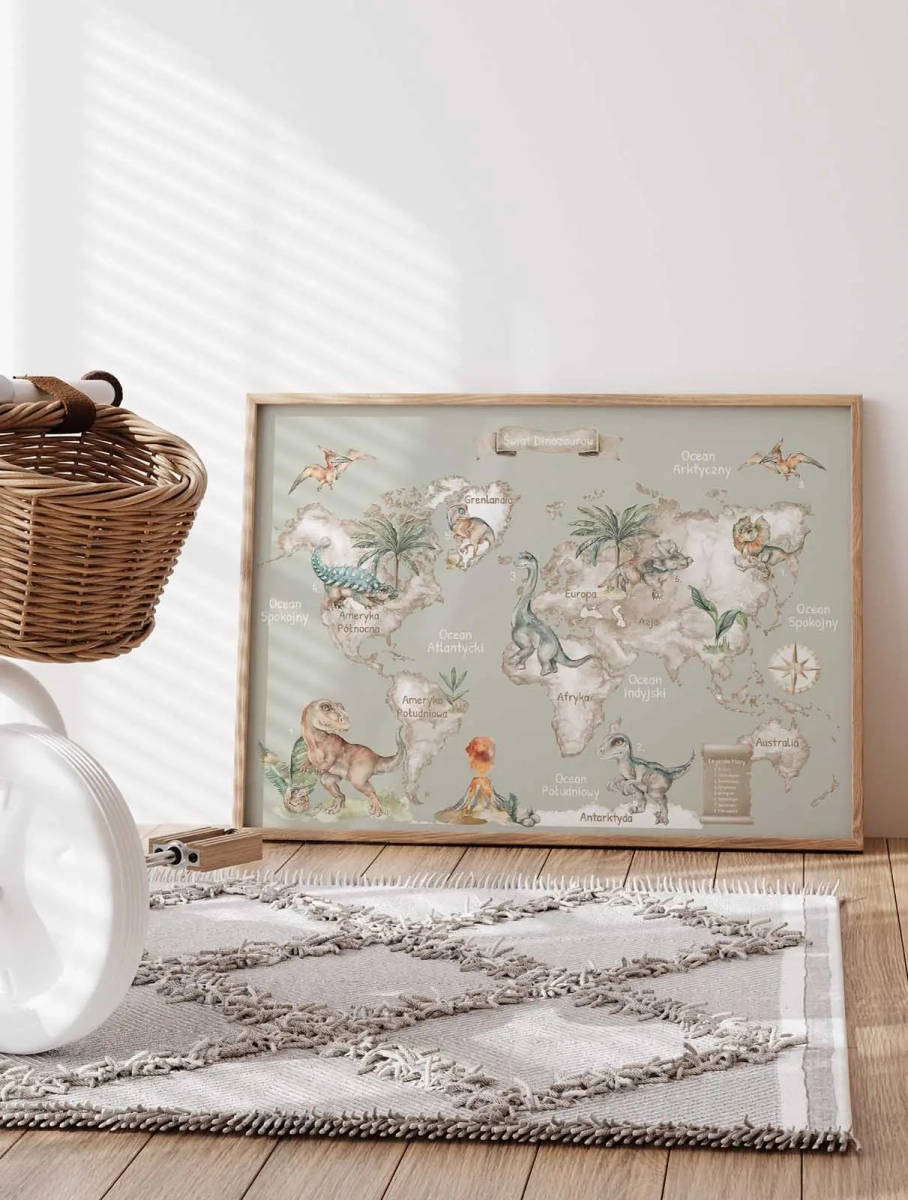 zielona mapa świata z dinozaurami do pokoju dziecka