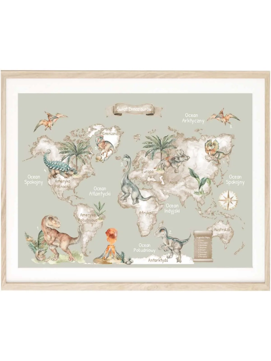 plakat edukacyjny montessori z dinozaurami na zielonym tle