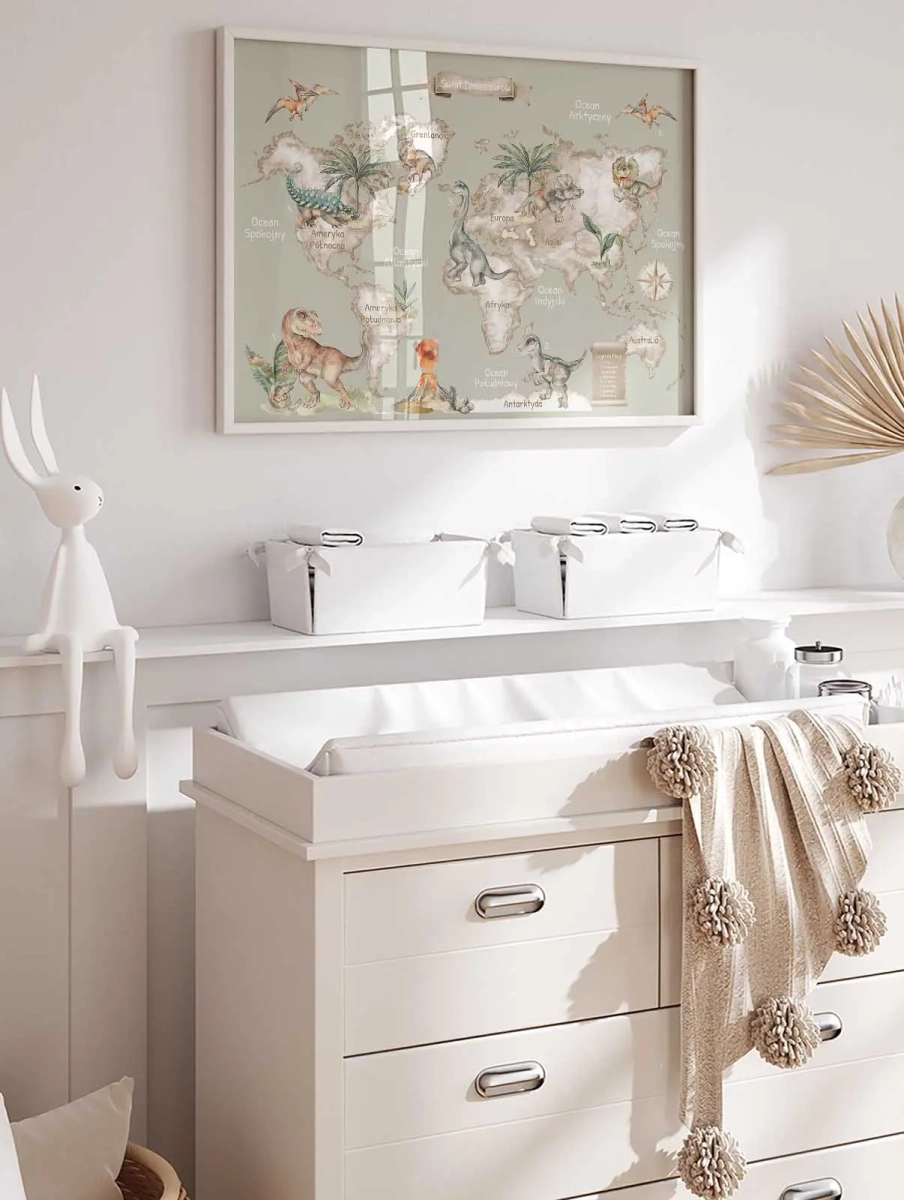 mapa świata i prehistoryczne stworzenia do pokoju chłopca