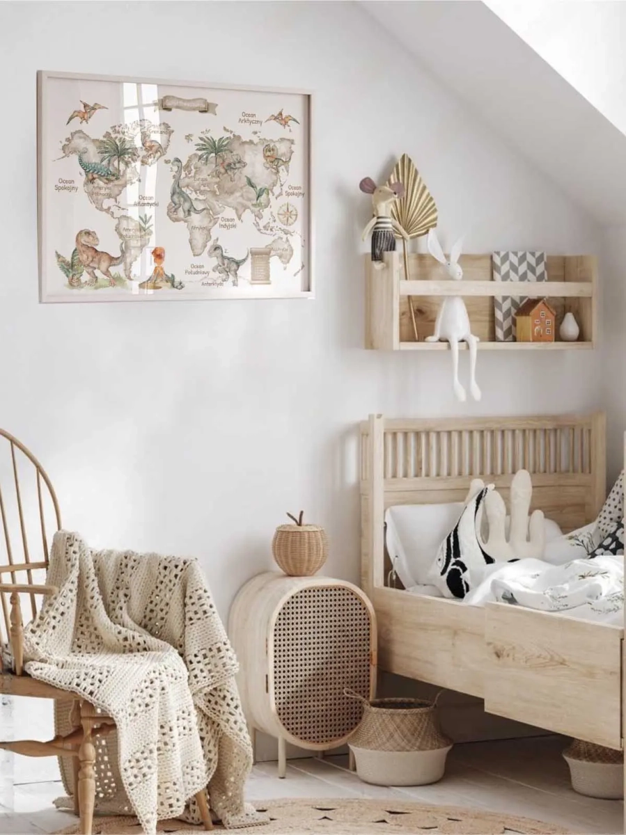 biała  mapa świata z dinozaurami do pokoju dziecka montessori