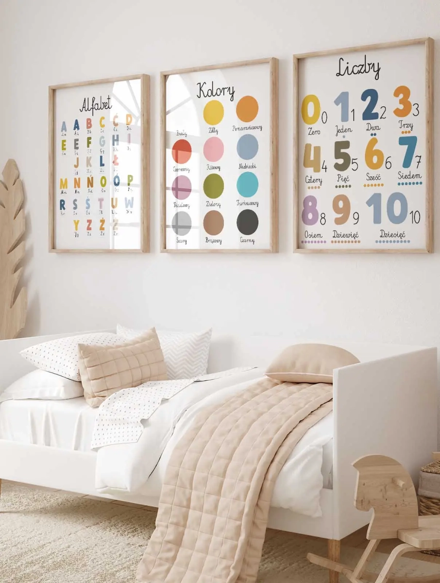 zestaw edukacyjny do pokoju przedszkolaka – litery, kolory, liczby