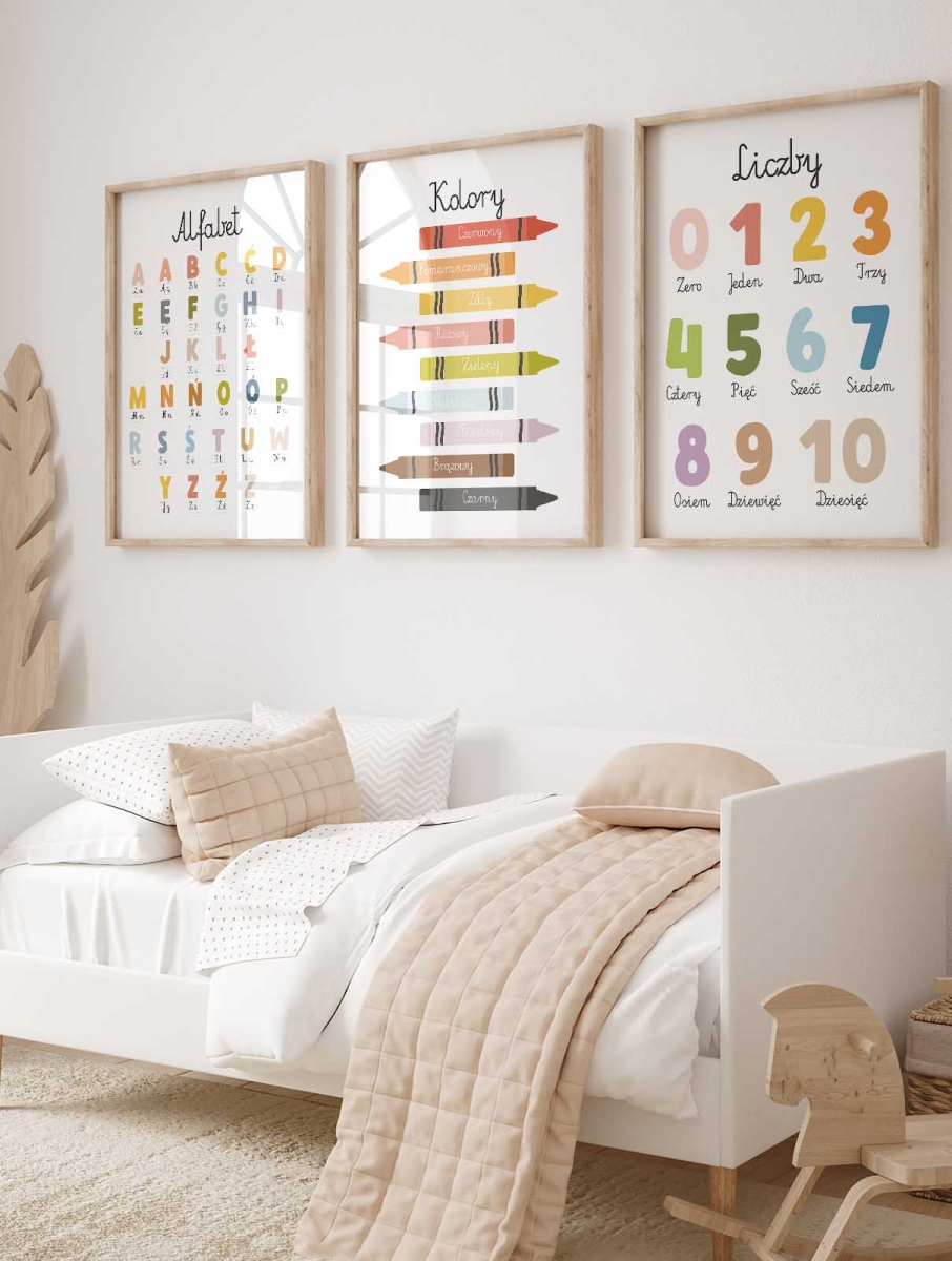 zestaw edukacyjny do pokoju przedszkolaka – litery, kolory, liczby