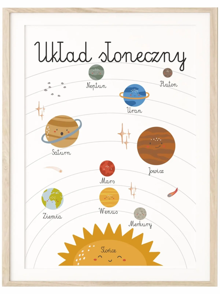 układ słoneczny plakat edukacyjny dla dzieci z uśmiechniętymi planetami