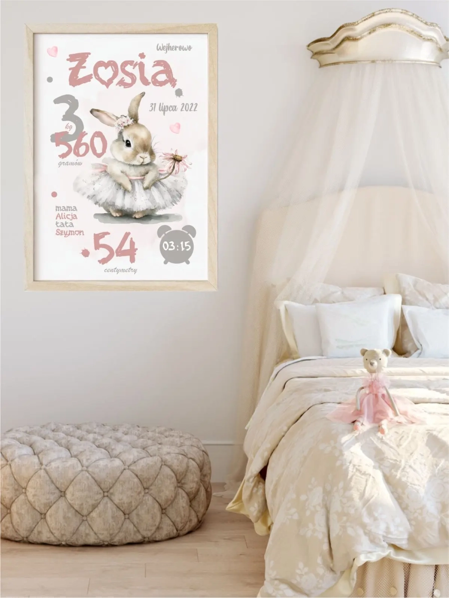Plakat metryczka z imieniem dziecka – Króliczek w tutu | Mała Pracownia